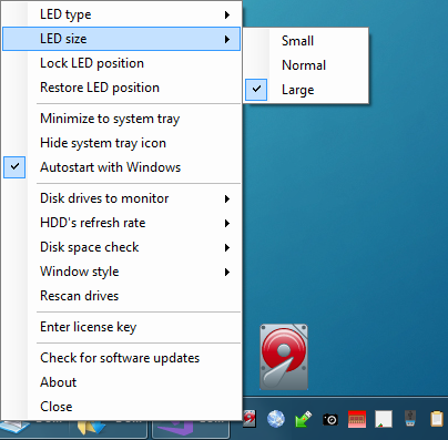 HDD LED Pro LED size menu